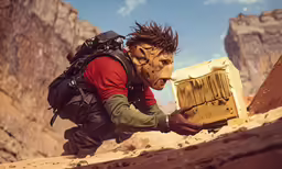 a person with an animal mask is reaching out to get something from a crate
