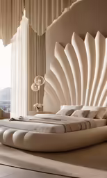 a circular bed sitting next to a window