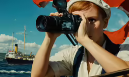 a young girl holds a camera near an ocean boat