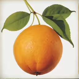 an orange with green leaves is hanging upside down