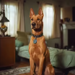 a large brown dog sitting on top of a wooden floor