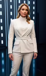 a woman posing in a white suit on stage