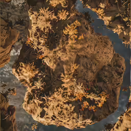 a rock covered in dirt surrounded by leafy green foliage