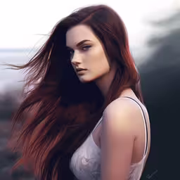 a young woman is posing with her long hair blowing in the wind,a girl with long red hair posing for a picture