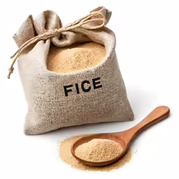 an assortment of rice and powdered brown sugar in small sack