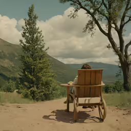 the person is sitting in a wooden chair with his back turned