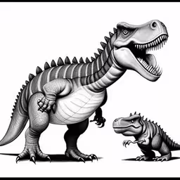 two dinosaurs in black and white with one holding the back of its head,a black and white drawing of a tyransausaurus
