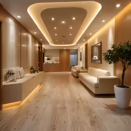 the room has a lot of white furniture and lights on