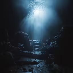 a group of people sitting at a table in the dark