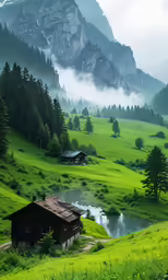 a small house sitting on top of a green hill