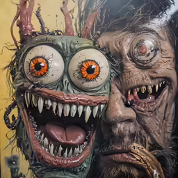 two creepy looking dolls with orange eyes