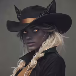 a woman with long blonde hair wearing a black hat