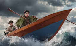 two people are on the boat while some are in the water,the two men are riding on top of a boat
