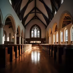 the interior of an empty church with wood pews