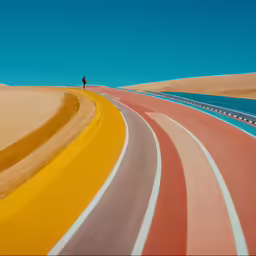 a person standing on a road that is painted in red and yellow