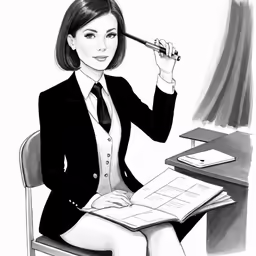 a woman sitting at a desk with a pen and book
