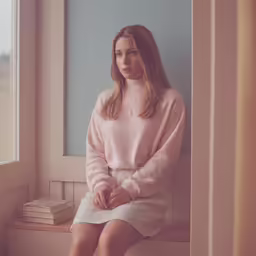 the woman is sitting on a bench looking out the window