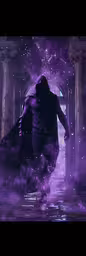 a man is walking into some water with purple and black fog,the animated batman is running through the water