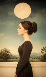 the girl wearing a dress is balancing the disc above her head