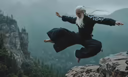 a woman with blonde hair jumps off rocks in the air
