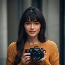 a woman with bangs holding a camera