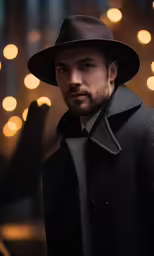 a man wearing a black jacket and a brown hat