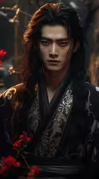 the character is dressed in oriental clothing with long hair and black dress, a flower bouquet, and red petals,the king of the moon is in full costume
