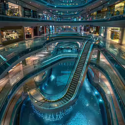 the inside of a mall with escalators that is blue and lit,an atrium features a long, curved escalator at the top