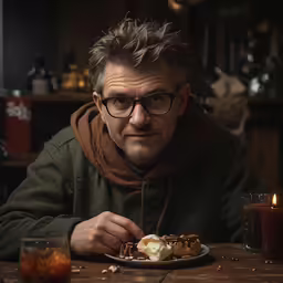 a man with a scarf around his neck eating from a plate