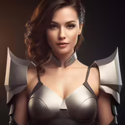a women is wearing armor and posing for the camera