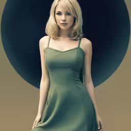 woman in a dress posing by a circular design