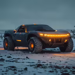 a truck parked next to a forest covered in snow