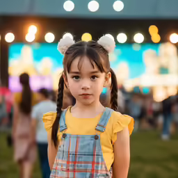 a girl in overalls and pigtails stands alone