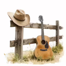 an acoustic guitar is leaning against a fence, with a cowboy hat on it
