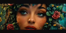 a close up of a woman wearing a colorful wreath around her head