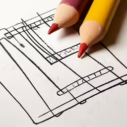 two pencils sit on top of a drawing of a building