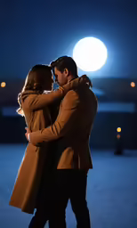 a man and woman pose together while the moon shines