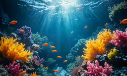 an underwater view showing the corals, seaweed and other marine life