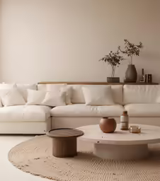 a white couch with two tables next to it