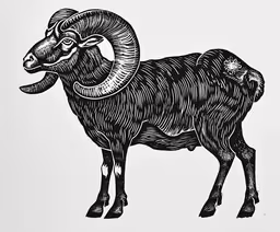 a drawing of a ram on a white background,a sheep in black and white ink