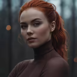 a woman with red hair looking into the distance