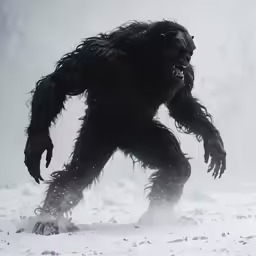 a big furry hairy creature running in the snow