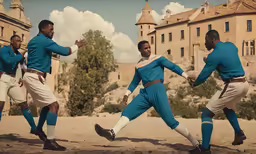 a group of men in blue uniforms playing soccer
