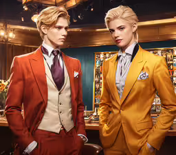 two men in orange suits standing next to each other,a man and woman wearing colorful suits and standing in front of a counter