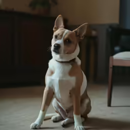 a dog with his legs crossed sitting on the floor