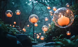 a path in the woods with hanging votives filled with lit candles