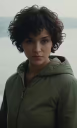 the woman is in a green jacket by the water