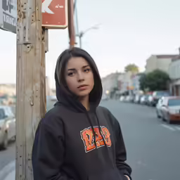 a girl in a black sweatshirt leaning against a pole