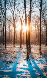 the sun is shining through some trees in the snow