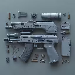 an assorted guns with assorted accessories arranged on a gray surface